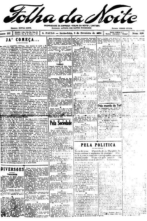 Primeira Página da Folha da Noite de 8 de fevereiro de 1924