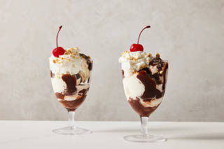 Peanut butter hot fudge sundaes in New York, Jan. 27, 2023. Food styled by Yossy Arefi. (Mark Weinberg/The New York Times)