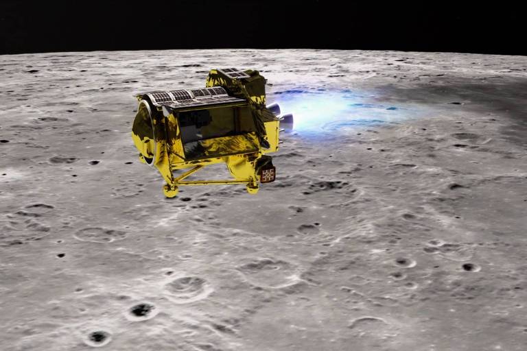 Concepção artística da sonda japonesa Slim, iniciando manobra para pouso na Lua
