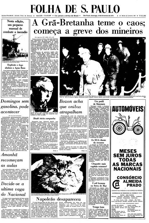 Primeira Página da Folha de 10 de fevereiro de 1974