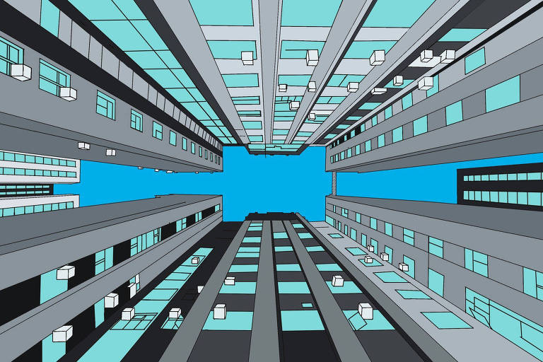 Ilustração de Annette Schwartsman mostra grandes edifícios em um quarteirão de uma cidade grande; eles são vistos de baixo para cima, sob uma perspectiva humana: no centro da imagem se vê um pedaço de céu azul
