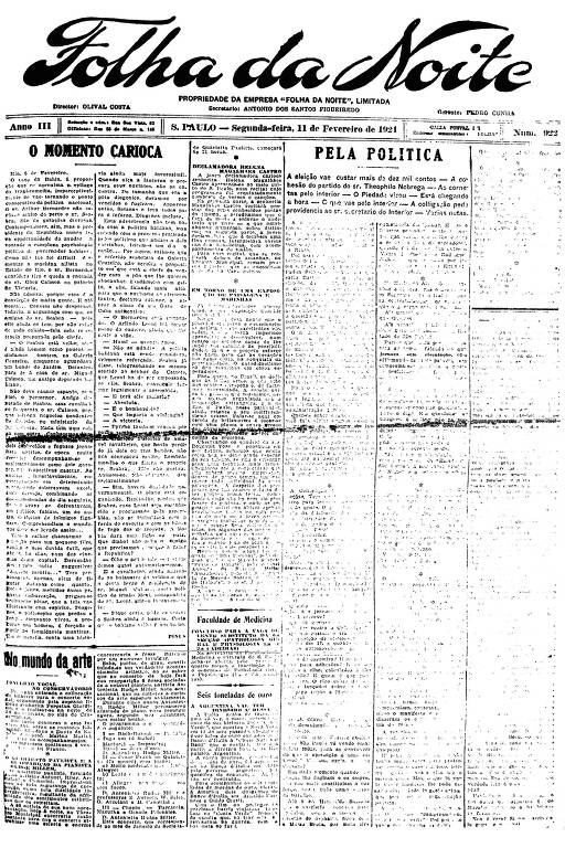 Primeira Página da Folha da Noite de 11 de fevereiro de 1924