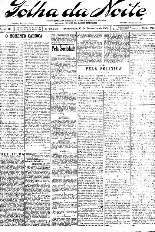Primeira Página da Folha da Noite de 12 de fevereiro de 1924