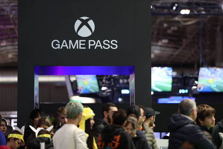 Logo do Xbox Game Pass, serviço de games por assinatura da Microsoft, em feira de game em Paris
