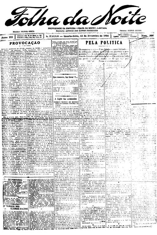 Primeira Página da Folha da Noite de 13 de fevereiro de 1924