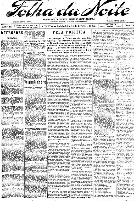 Primeira Página da Folha da Noite de 14 de fevereiro de 1924