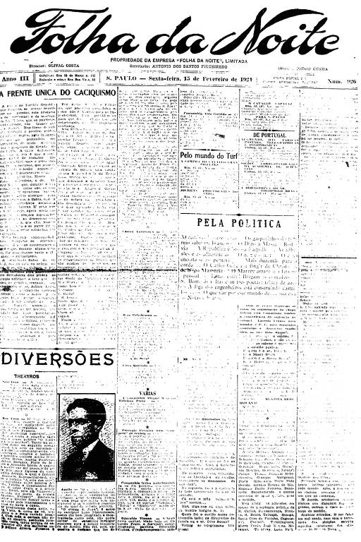 Primeira Página da Folha da Noite de 15 de fevereiro de 1924