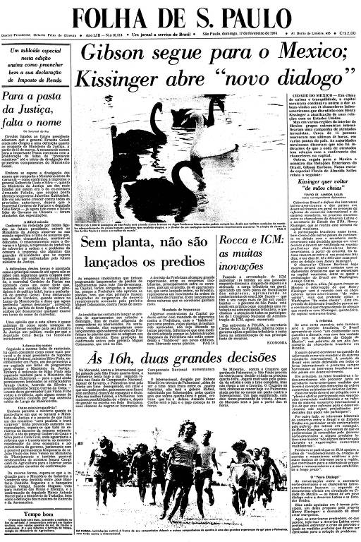 Primeira Página da Folha de 17 de fevereiro de 1974