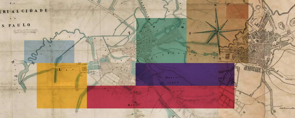 Colagem com mapas antigos de são paulo e quadrados coloridos sobrepostos