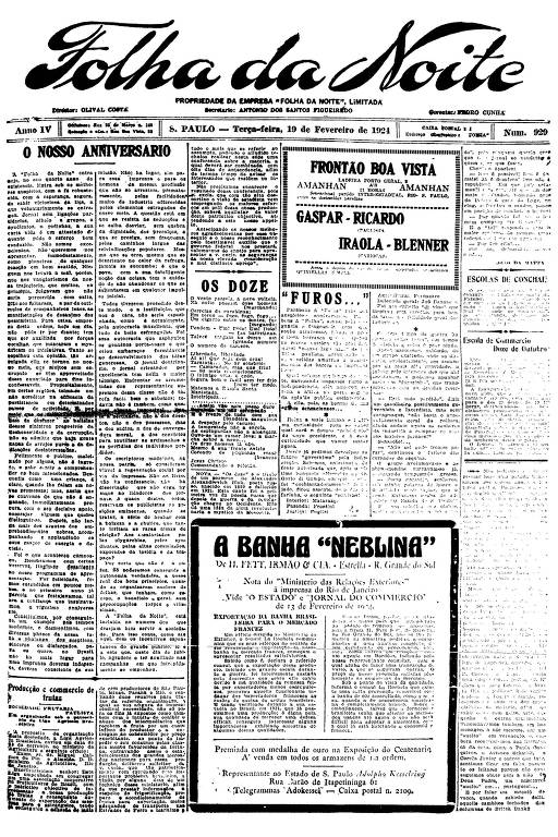 Primeira Página da Folha da Noite de 19 de fevereiro de 1924