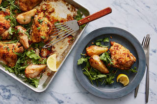 Sheet-Pan Roasted Chicken With Pears and Arugula in New York on Sept. 16,2021. (Kate Sears/The New York Times)