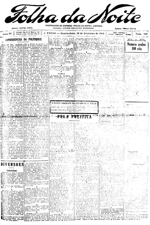 Primeira Página da Folha da Noite de 20 de fevereiro de 1924