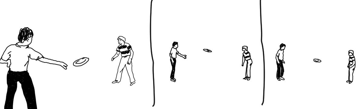 A tirinha em preto e branco de Estela May, publicada em 26/01/24, traz dois meninos brincando de bumerangue. O da esquerda joga para o da direita, mas o bumerangue fica parado entre os dois