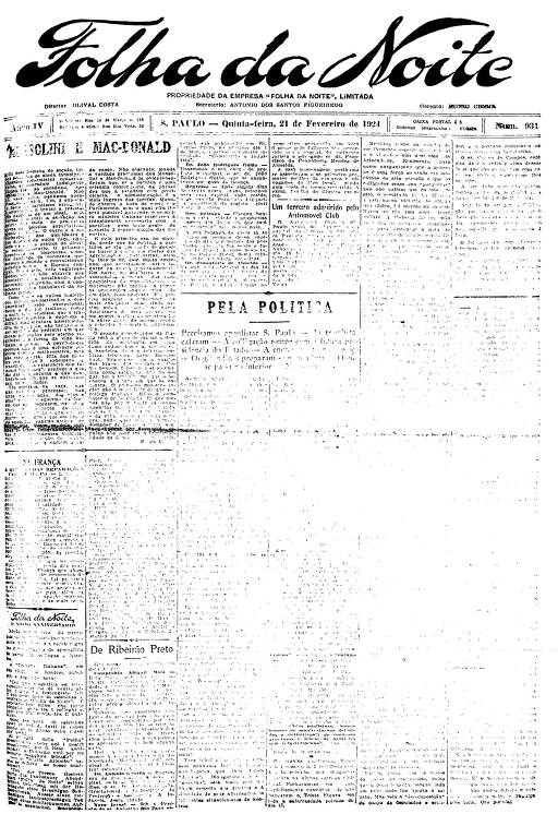 Primeira Página da Folha da Noite de 21 de fevereiro de 1924