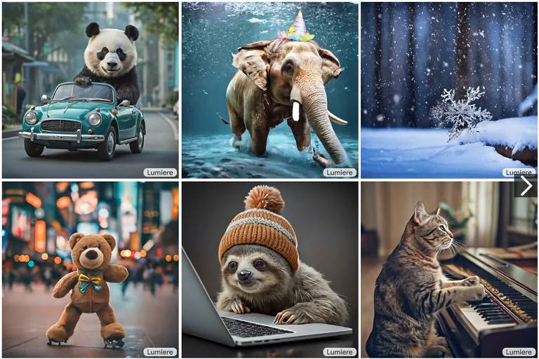 Oito quadros mostram imagens de vídeos criados pelo Google: Há um barco, um panda dirigindo um carro, um elefante andando debaixo da água, um floco de neve, um sorvete derretendo, um ursinho de pelúcia andando pela cidade, uma preguiça lendo e um gato tocando piano