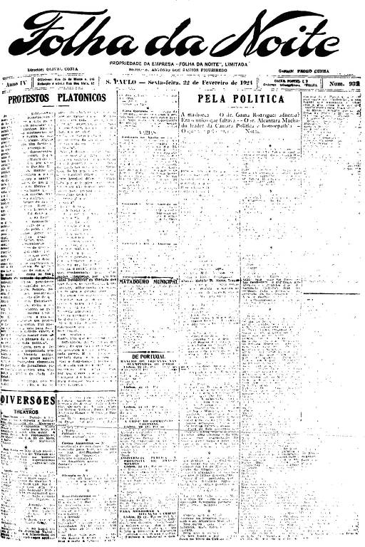 Primeira Página da Folha da Noite de 22 de fevereiro de 1924