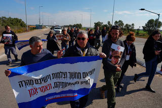 Families of hostages and supporters protest against the delivery of humanitarian aid to Gaza, in Kerem Shalom