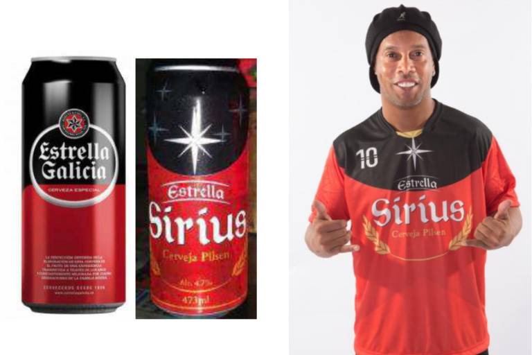 Fotos do processo mostram comparação de lata da cerveja Estrella Galicia com a Estrella Sirius, que têm as mesmas cores, vermelho e preto, e Ronaldinho Gaúcho usando camiseta da marca
