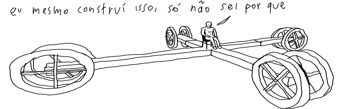 A tirinha em preto e branco de Estela May, publicada em 27/01/24, traz uma pessoa sentada em cima de uma estrutura longa com 4 rodas grandes. A pessoa fala “eu mesmo construí isso, só não sei por que” 