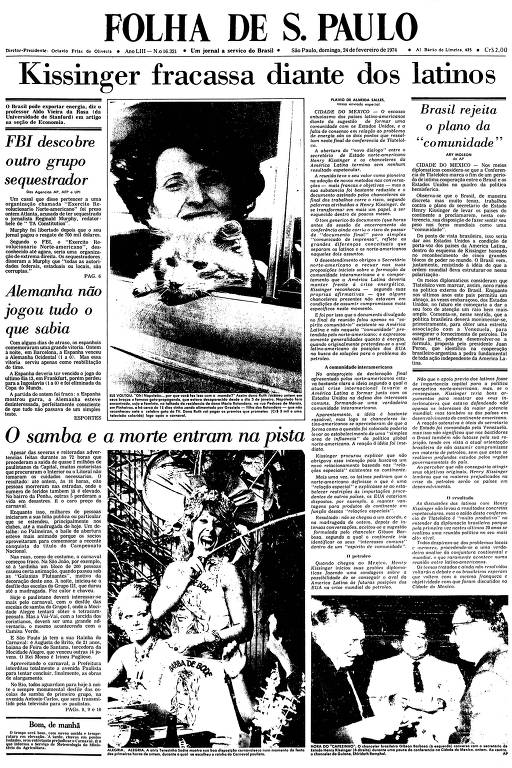 Primeira Página da Folha de 24 de fevereiro de 1974