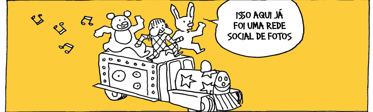 A tira de André Dahmer, publicada em 29.01.2024, tem apenas um quadro. Nele, três homens com diferentes fantasias (urso, coelho, Fofão) dançam sobre um carro de som circense. O coelho diz: Isso aqui já foi uma rede social de fotos".