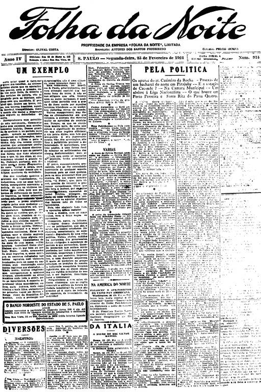 Primeira Página da Folha da Noite de 25 de fevereiro de 1924