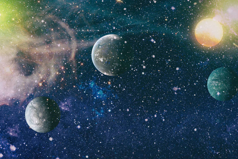 Ilustração mostra vários planetas em meio às estrelas distantes