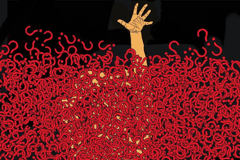 A ilustração de Annette Schwartsman, publicada na Folha de São Paulo no dia 28 de janeiro de 2024, mostra, sobre um fundo escuro, uma mão caucasiana que emerge de um mar de pontos de interrogação vermelhos.