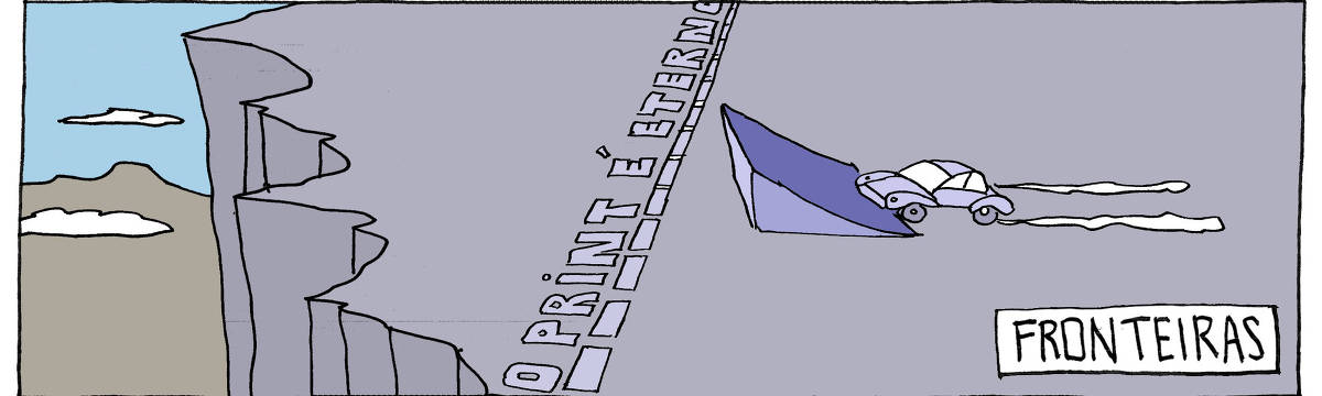 A tira de André Dahmer, publicada em 30.01.2024, tem apenas um quadro. Intitulado "Fronteiras", mostra uma carro em alta velocidade, prestes a saltar uma rampa e ultrapassar uma linha tracejada. Após a linha tracejada, há um abismo. Na mesma linha tracejada se lê: "O print é eterno".