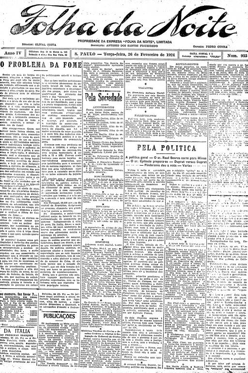 Primeira Página da Folha da Noite de 26 de fevereiro de 1924