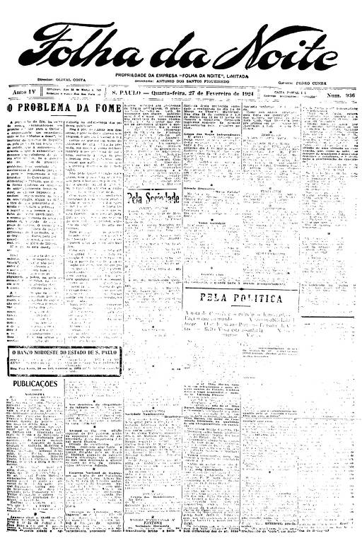 Primeira Página da Folha da Noite de 27 de fevereiro de 1924