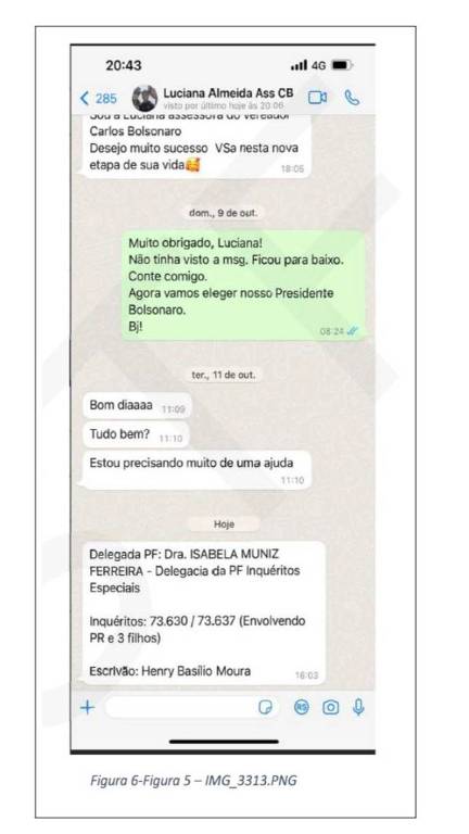 Mensagem enviada por assessora de Carlos Bolsonaro a assessora do então chefe da Abin (Agência Brasileira de Inteligência), Alexandre Ramagem, segundo a Polícia Federal