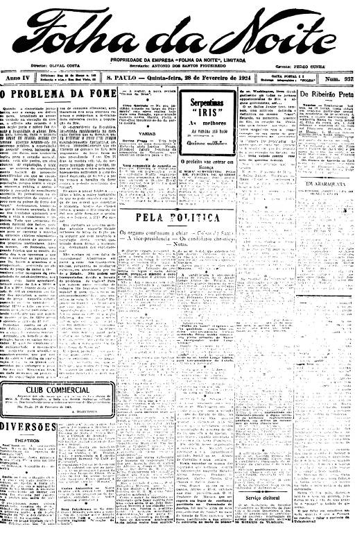 Primeira Página da Folha da Noite de 28 de fevereiro de 1924