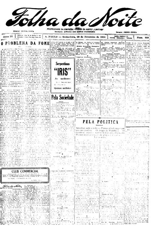Primeira Página da Folha da Noite de 29 de fevereiro de 1924