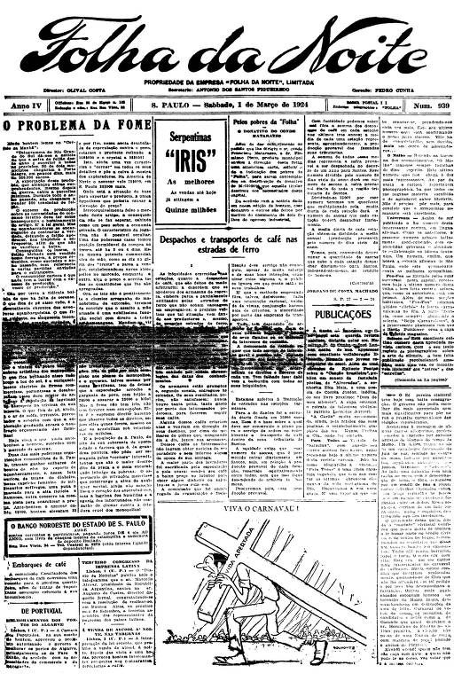 Primeira Página da Folha da Noite de 1° de março de 1924