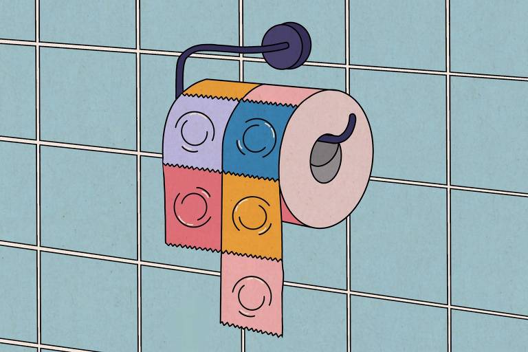 Parede de banheiro de ladrilhos azuis com um rolo de papel higiênico que ao invés de papel há camisinhas para destacar 