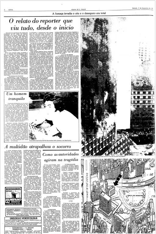 Página da Folha de 2 de fevereiro de 1974 sobre incêndio no Joelma