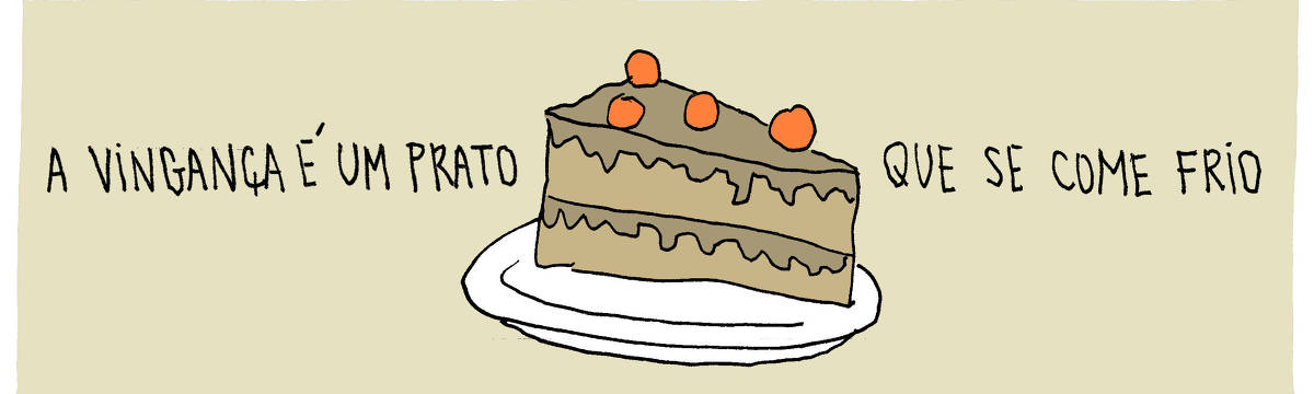 A tira de André Dahmer, publicada em 01.02.2024, tem apenas um quadro. Nele há um delicioso pedaço de torta de chocolate. Um texto diz: "A vingança é um prato que se come frio"
