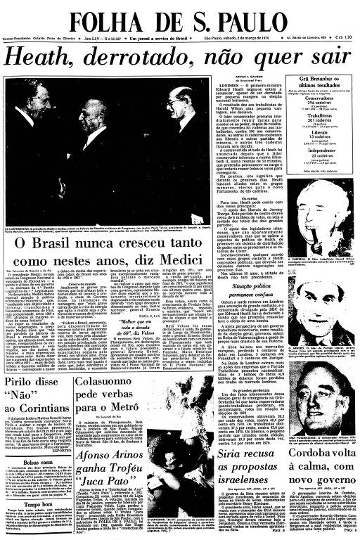 Primeira Página da Folha de 2 de março de 1974