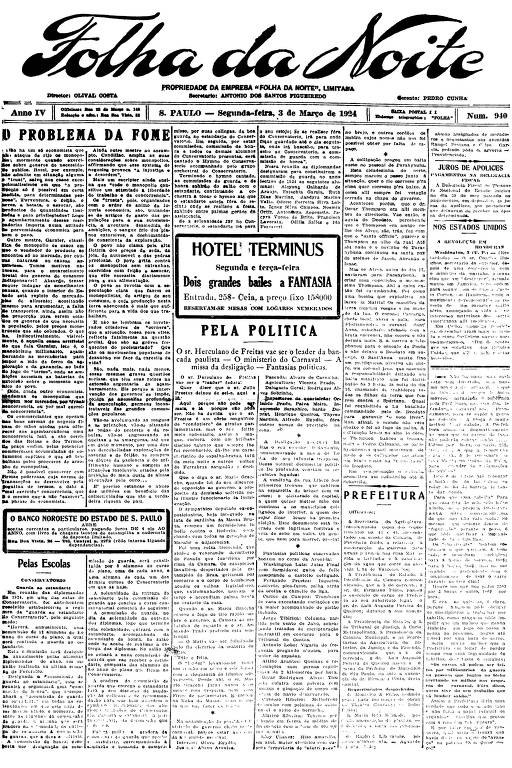 Primeira Página da Folha da Noite de 3 de março de 1924