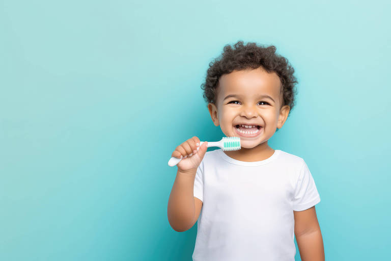 Um menino de aproximadamente dois anos com cabelo black power curto segura uma escova de dente perto da boca, que tem um largo sorriso 