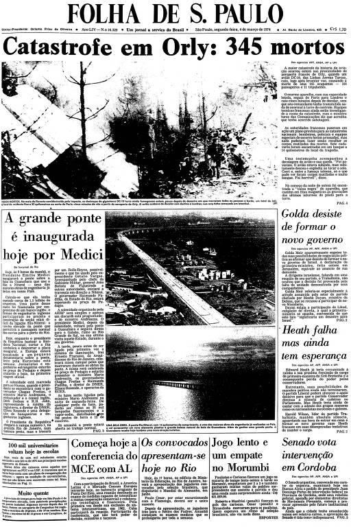 Primeira Página da Folha de 4 de março de 1974