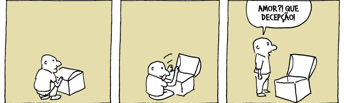A tira de André Dahmer, publicada em 02.02.2024, tem três quadrinhos. No primeiro, um homem está de posse de um baú fechado. No segundo quadro, ele abre o baú. No terceiro, com o baú já aberto, o homem reclama: "Amor?! Que decepção!"