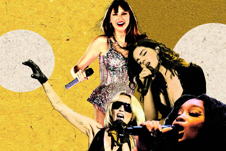 As cantoras Lana Del Rey, SZA, Taylor Swift e Miley Cyrus em colagem com gramafones do Grammy