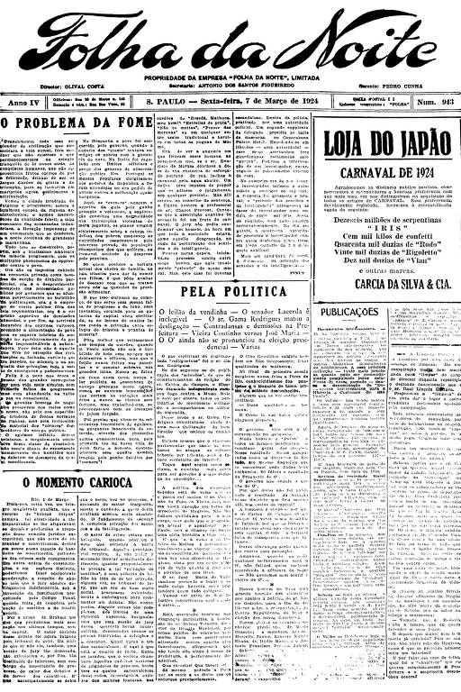 Primeira Página da Folha da Noite de 7 de março de 1924