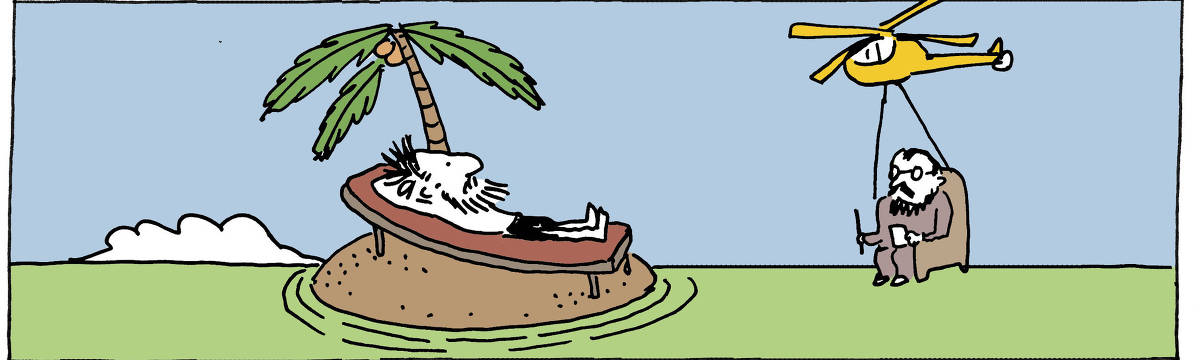 A tira de André Dahmer, publicada em 05.02.2024, tem apenas um quadro. Nele, um náufrago está em uma ilha deserta. Ele está sentado em um divã. Ao fundo, içado por um helicóptero, está chegando seu terapeuta, sentado em uma poltrona, com caderno e caneta nas mãos.