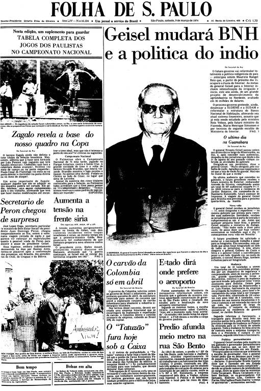 Primeira Página da Folha de 9 de março de 1974