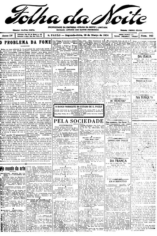 Primeira Página da Folha da Noite de 10 de março de 1924