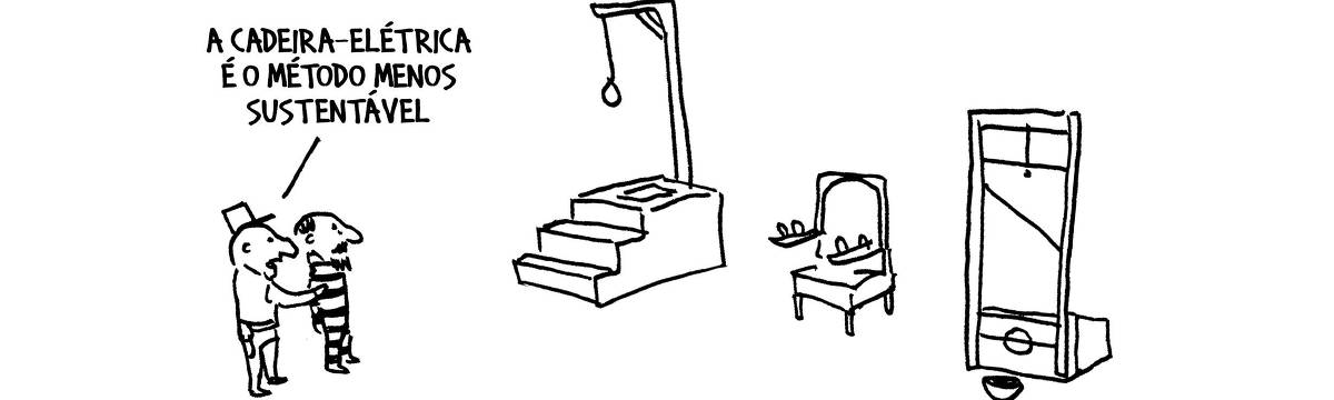 A tira de André Dahmer, publicada em 06.02.2024, tem apenas um quadro.Nele, um carcereiro mostra a um prisioneiro uma forca, uma cadeira-elétrica e uma guilhotina. O guarda comenta: "A cadeira-elétrica é o método menos sustentável".