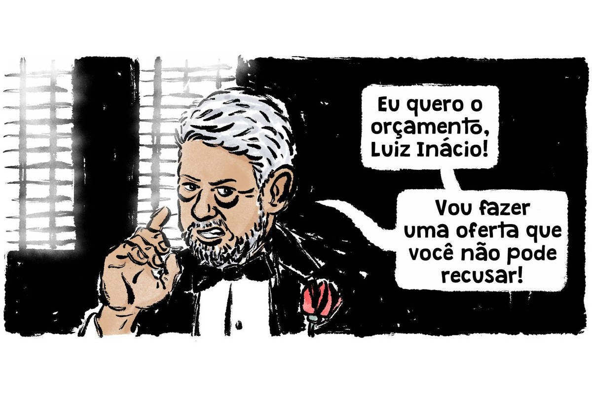 O presidente da câmara Arthur Lira, vestindo um elegante smoking com uma rosa na lapela, exclama: "Eu quero o orçamento Luiz Inácio! Vou fazer uma oferta que você não pode recusar!" 